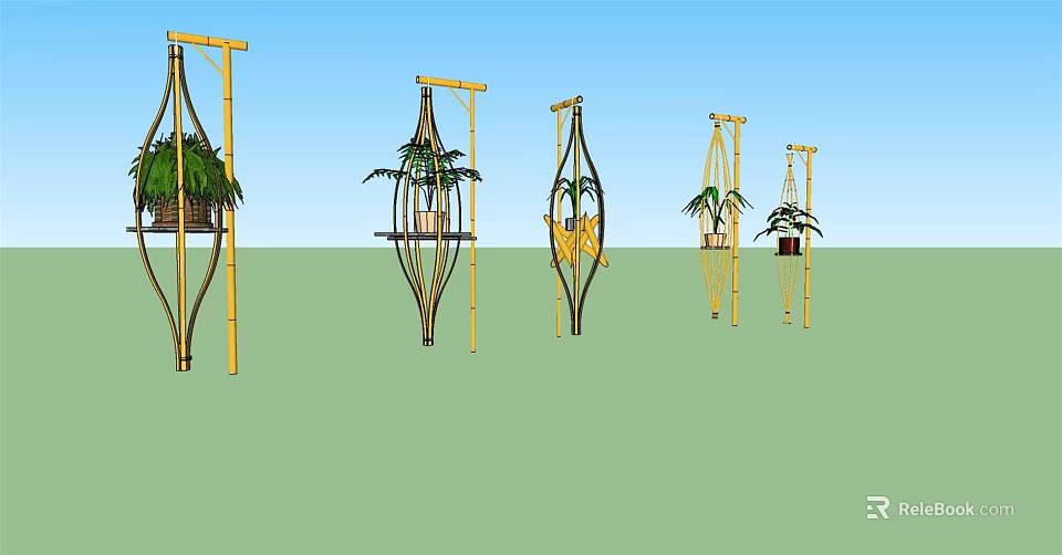 Bonsai Potted Plants on Hanging Bamboo Racks with Various Outdoor Designs 3d model 