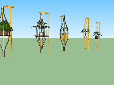 Bonsai Potted Plants on Hanging Bamboo Racks with Various Outdoor Designs 3d model