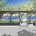 Modern Building Exterior With Geometric Patterned Wall Glass Structure And Wooden Canopy Surrounding Green Trees Design