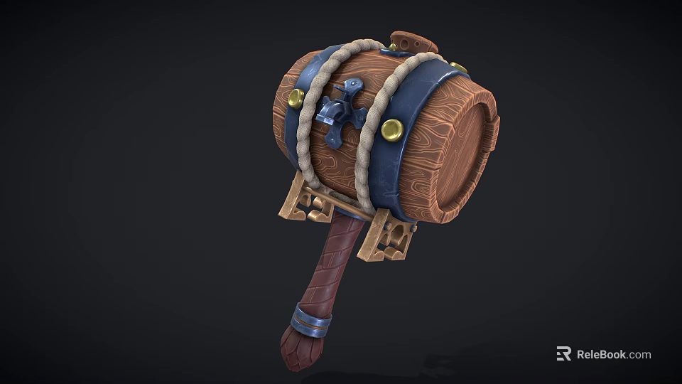 Wooden Barrel Hammer Equipment Featuring Blue Straps Golden Rivets Wooden Handle And Stand Base 3d model 