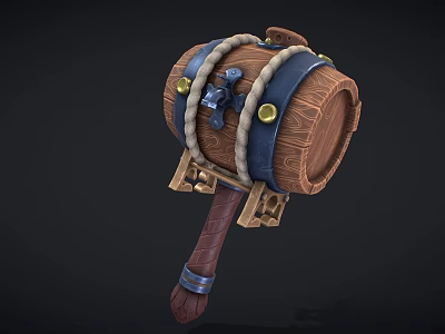 Wooden Barrel Hammer Equipment Featuring Blue Straps Golden Rivets Wooden Handle And Stand Base 3d model