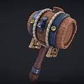 Wooden Barrel Hammer Equipment Featuring Blue Straps Golden Rivets Wooden Handle And Stand Base