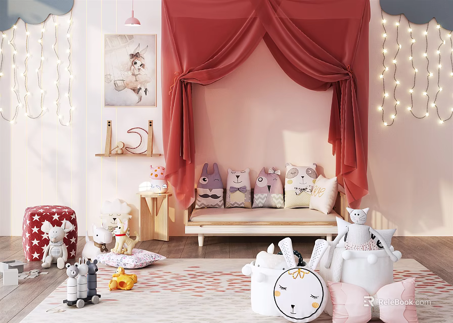 Cozy Kids Bed With Red Canopy Stuffed Toys String Lights And Decorative Elements 3d model 