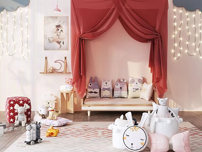 Cozy Kids Bed With Red Canopy Stuffed Toys String Lights And Decorative Elements 3d model