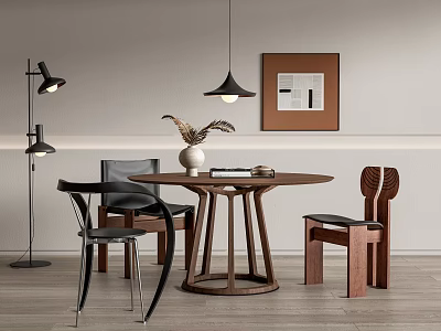 Modern Wooden Dining Table And Chairs With Pendant Light Floor Lamp And Artwork 3d model