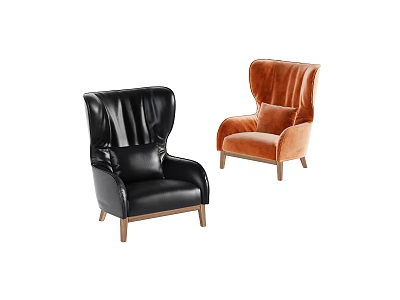 Stylish Black Leather And Orange Fabric Single Sofa With High Back Wooden Legs And Cushion 3d model