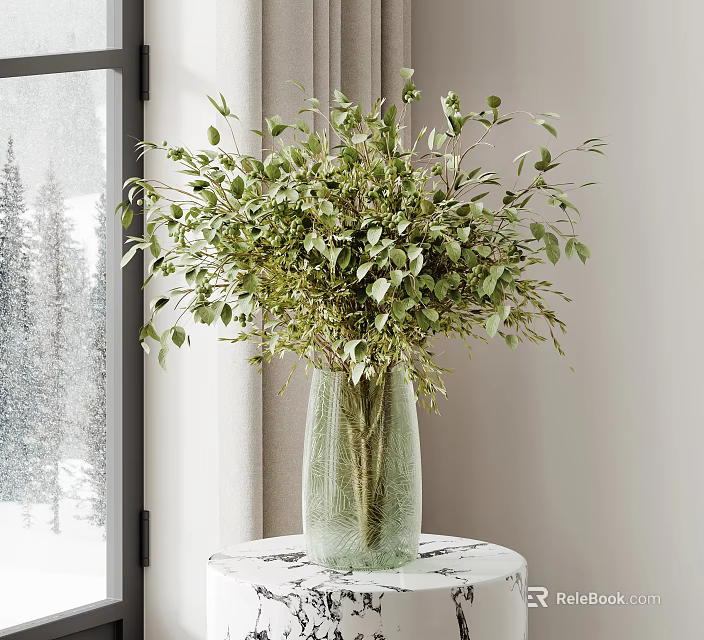 Elegant Green Glass Vase With Lush Foliage Placed On Decorative Indoor Table 3d model 