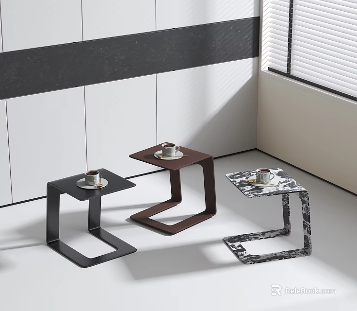Three Modern Side Tables With Different Designs Metal Frame Wooden And Marble Patterns 3d model 