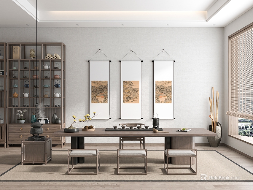 Traditional Tea Room Interior Design With Wooden Table Stools Scroll Paintings And Display Shelves 3d model 