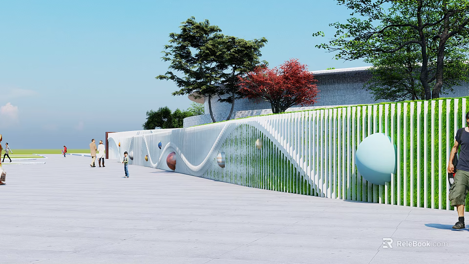 White Wavy Decorative Partition With Circular Ornaments In Outdoor Plaza And Green Trees 3d model 