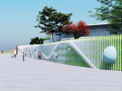 White Wavy Decorative Partition With Circular Ornaments In Outdoor Plaza And Green Trees 3d model