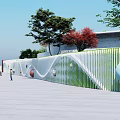 White Wavy Decorative Partition With Circular Ornaments In Outdoor Plaza And Green Trees