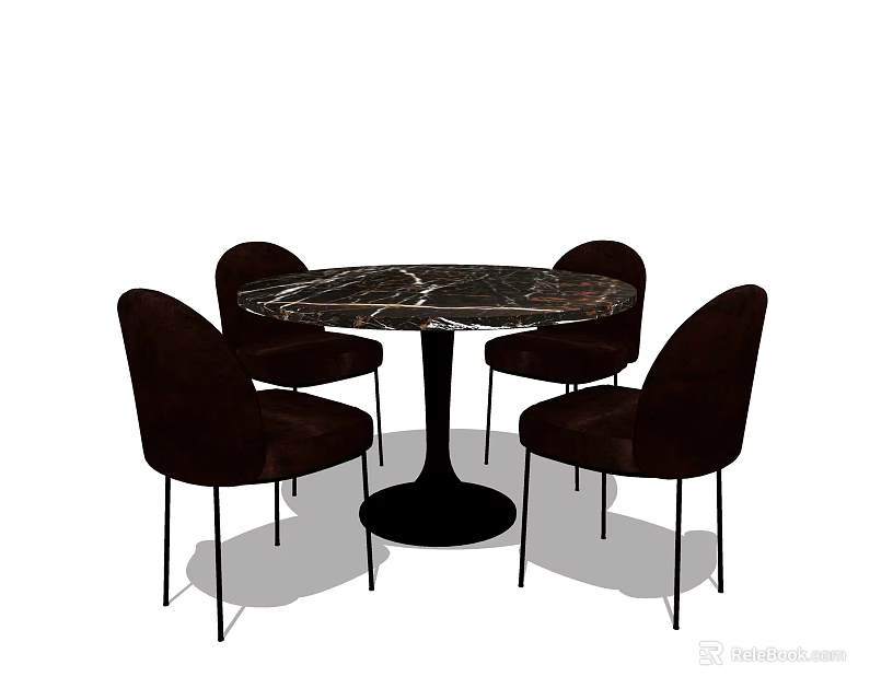 Round Marble Top Dining Table Set With Four Dark Colored Metal Leg Chairs 3d model