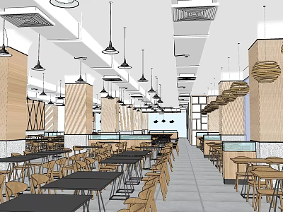 Modern Restaurant Interior With Wooden Wall Panels Dining Tables And Pendant Lights 3d model