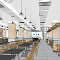Modern Restaurant Interior With Wooden Wall Panels Dining Tables And Pendant Lights
