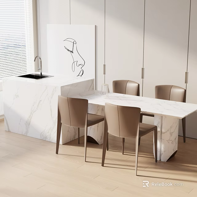 Modern Minimalist White Marble Dining Table Set With Four Chairs In Open Kitchen 3d model