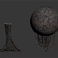 Modern Metallic Sculptures With Spherical Design Tower Like Structure Textured Surfaces And Hanging Chains