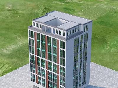Modern Multi Story Residential Building With Glass Windows Exterior Design Green Lawn And Paved Ground 3d model