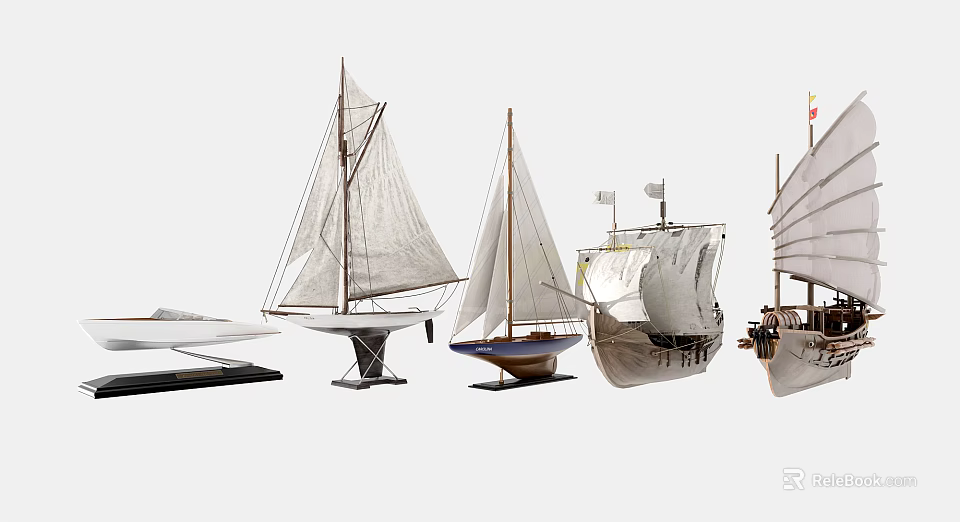 Various Model Sailboats With White Sails And Different Hull Designs On 3d model 