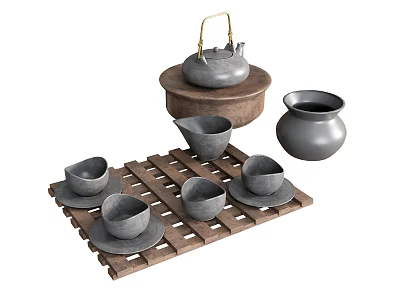 Traditional Ceramic Tea Set with Teapot Cups Saucers Fair Cup and Wooden Tray 3d model