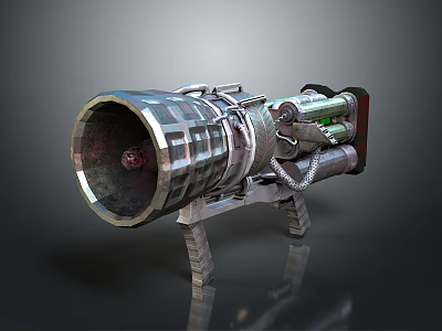 Futuristic Mechanical Weapon With Large Barrel Metal Structure Green Light Elements And Support Stand 3d model