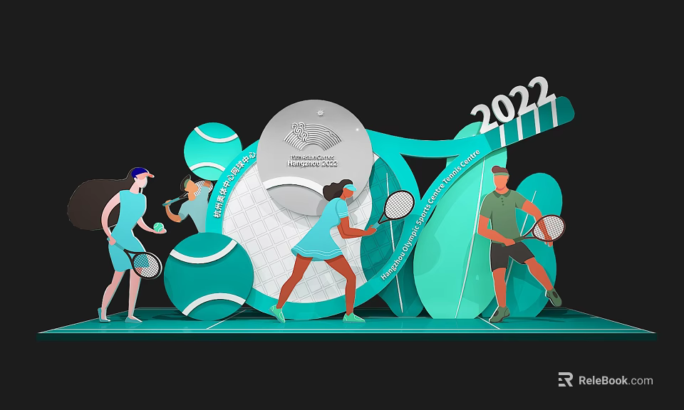 2022 Tennis Themed Photo Spot With Players Rackets Balls And Decorations 3d model 