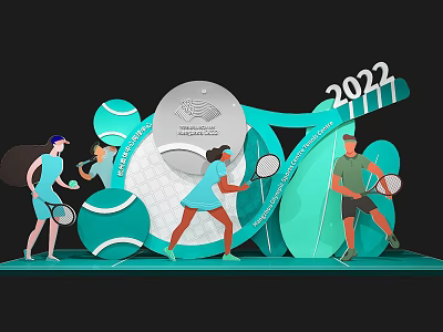 2022 Tennis Themed Photo Spot With Players Rackets Balls And Decorations 3d model