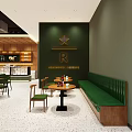 Modern Café Interior Design With Green Chairs Wooden Walls And Round Tables