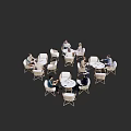 White Wicker Dining Table Set With Round Tables And Seated People