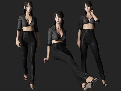 Stylish Woman In Black Crop Top And High Waist Pants With Different Poses 3d model