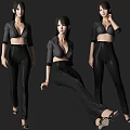 Stylish Woman In Black Crop Top And High Waist Pants With Different Poses