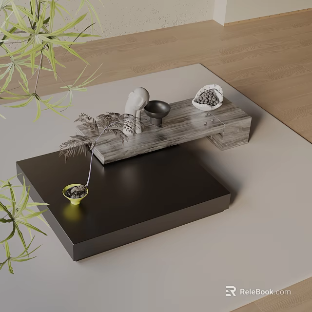 Modern Sofa Coffee Table Set With Wooden Top Black Surface And Decorative Green Plants 3d model 