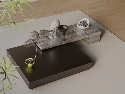 Modern Sofa Coffee Table Set With Wooden Top Black Surface And Decorative Green Plants 3d model