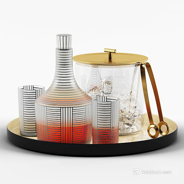 Glass Cups With Red Gradient Stripes On Black Gold Tray With Gold Handle Container 3d model 