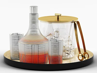 Glass Cups With Red Gradient Stripes On Black Gold Tray With Gold Handle Container 3d model