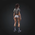 3D Female Character Short Hair Black T Shirt Denim Shorts White Socks Sneakers Black Background