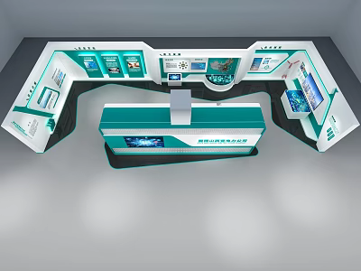 Modern Exhibition Booth With Green White Design Multiple Screens Display Areas 3d model