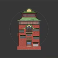 Cartoon Scene of Vibrant Red Building With Green Roof Balconies and Small Bridge