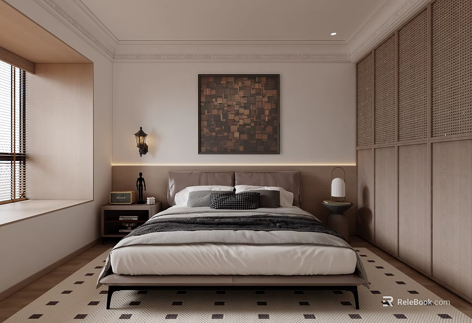 Elegant Modern Bedroom Interior Design With Bed Decorative Artwork Nightstands Lamps And Lattice Cabinets 3d model 