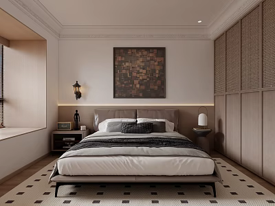 Elegant Modern Bedroom Interior Design With Bed Decorative Artwork Nightstands Lamps And Lattice Cabinets 3d model