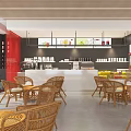 Modern Café Interior With Wooden Tables Chairs Large Windows And Red Wall