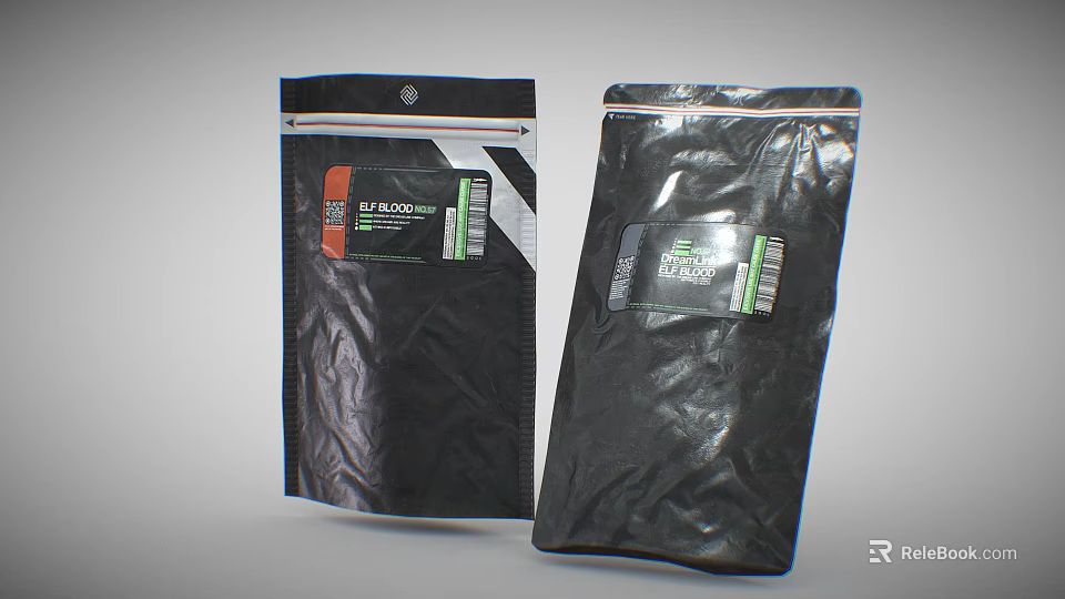 Black Stand Up Resealable Packaging Bags With Labels And Secure Closure Design 3d model 