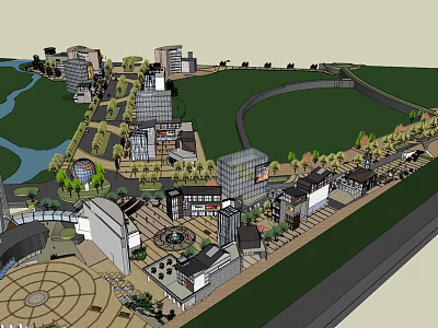 Commercial Street With Modern And Traditional Buildings Greenery Plaza Pathways And River 3d model