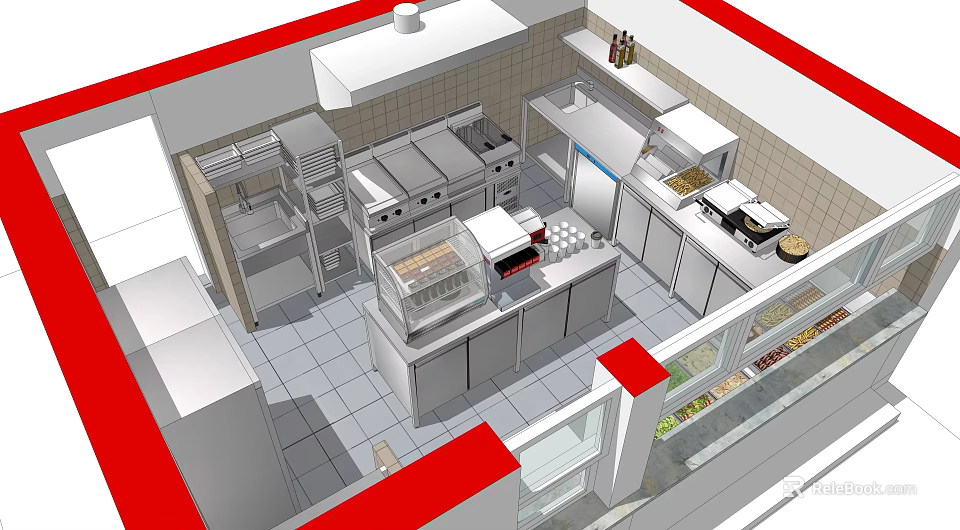Commercial Restaurant Kitchen Modern Layout With Stainless Steel Appliances Workstations And Tile Flooring 3d model 