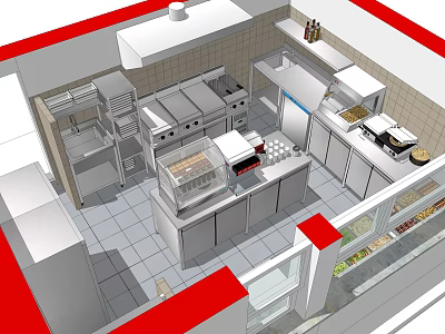 Commercial Restaurant Kitchen Modern Layout With Stainless Steel Appliances Workstations And Tile Flooring 3d model