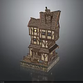 Medieval Multi Story Building With Wooden Frame Gabled Roof Stone Base And Lit Windows