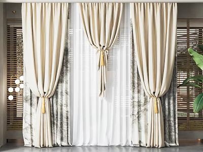 Beige Three Layer Curtains With Sheer Panel And Tiebacks For Interior Decoration 3d model