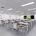 Modern Laboratory Interior With Lab Tables Stools Cabinets And Bright Ceiling Lighting 3d model