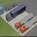 Truck Parking Lot With Blue Purple Orange And Silver Tanker Trucks Near Green Grass Area