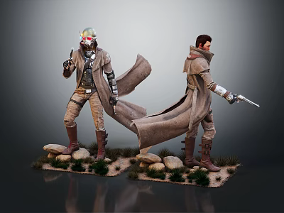 Detailed Game Movie Character Figures With Long Coat Holding Pistol Standing On Stone Grass Base 3d model